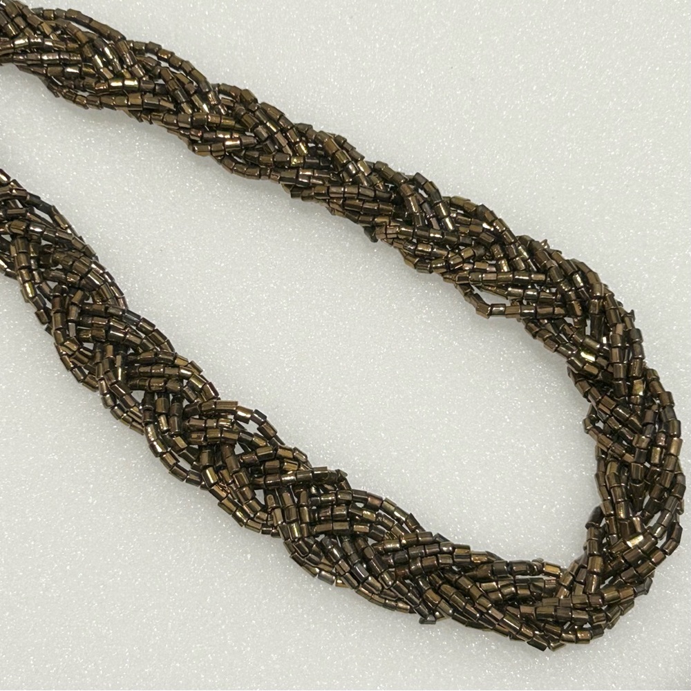 Vintage Premier Designs Gold Tone Braided Tube Bead Bib Necklace 16” Extender 3”